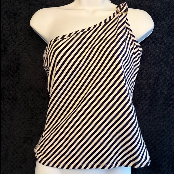 Clifford & Wills Tops - Striped One-Shoulder Top w Gold Hardware